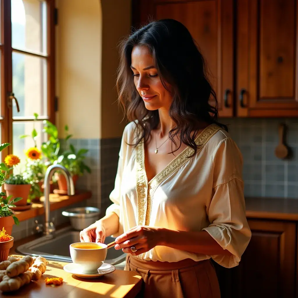 Botella de té de cúrcuma orgánica con fondo natural de hierbas.