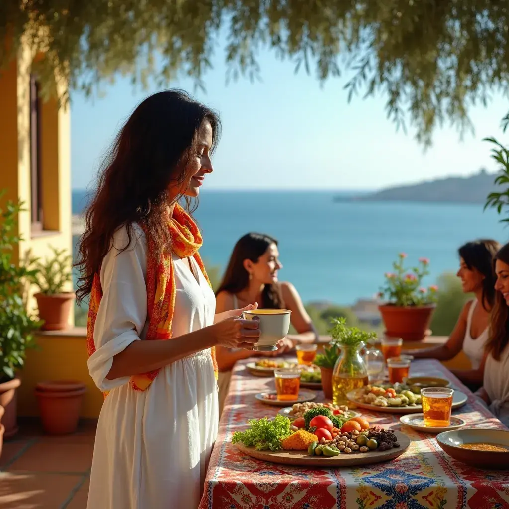 Taza de té de cúrcuma con vapor ascendente, rodeada de hojas verdes.