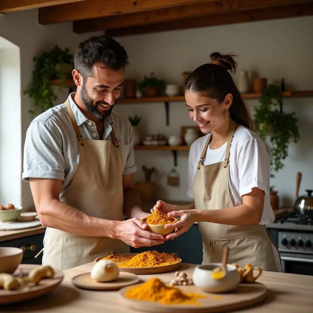 Vista del proceso de preparación del té de cúrcuma en una cocina.